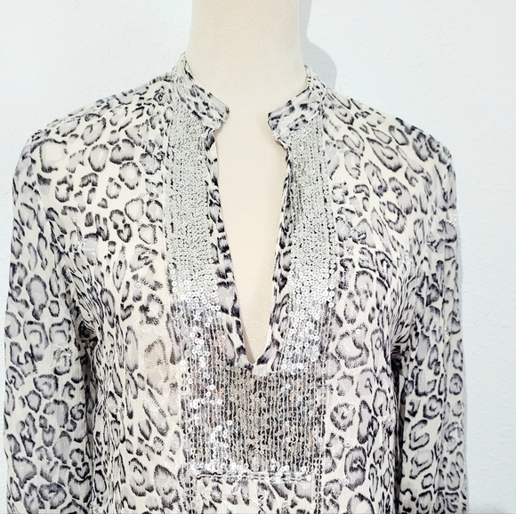Chico’s Woman 100% Silk Animal Print Tunic Top Size 1 Large Beaded Embellished - Picture 4 of 14